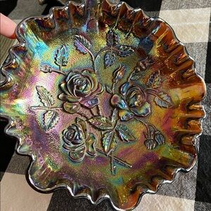 Vibrant 1910’s Imperial Glass Open Rose Carnival Bowl Footed Ruffled Amethyst